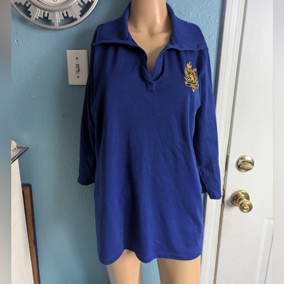Blue Long Sleeve Polo Shirt with Embroidered Crest - Picture 2 of 7